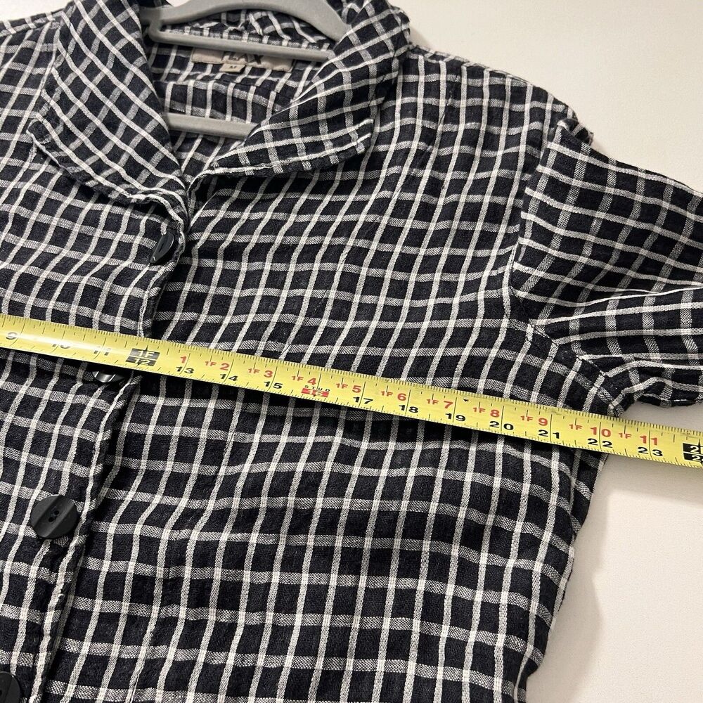 Flax Button Front Shirt Women’s M Linen‎ Plaid Black White Lagenlook - Picture 6 of 7
